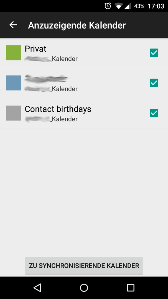 Android Google - Zu synchronisierende Kalender